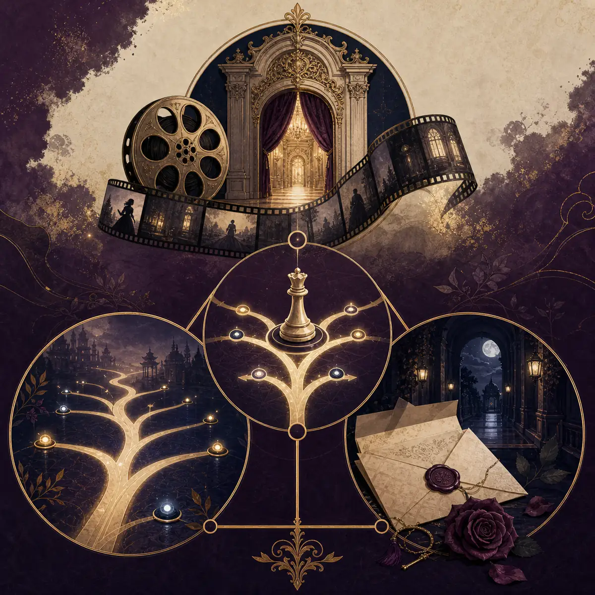 Ilustração editorial conectando drama filmado, escolhas ramificadas e mistério romântico