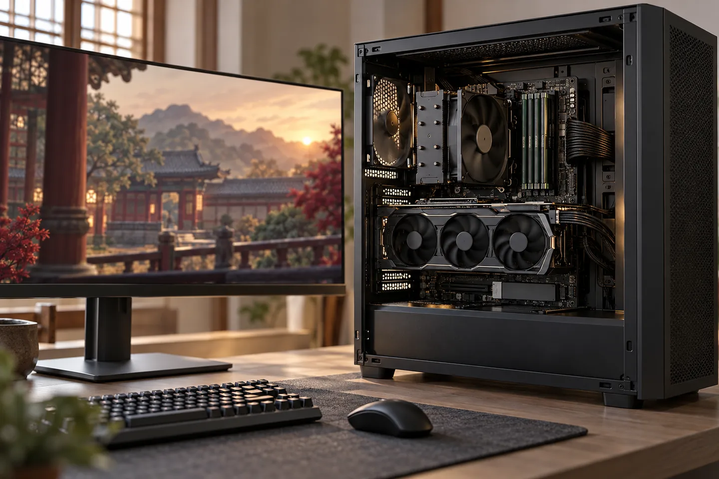 Illustrazione editoriale di un PC desktop con scheda grafica, memoria e unità di archiviazione visibili