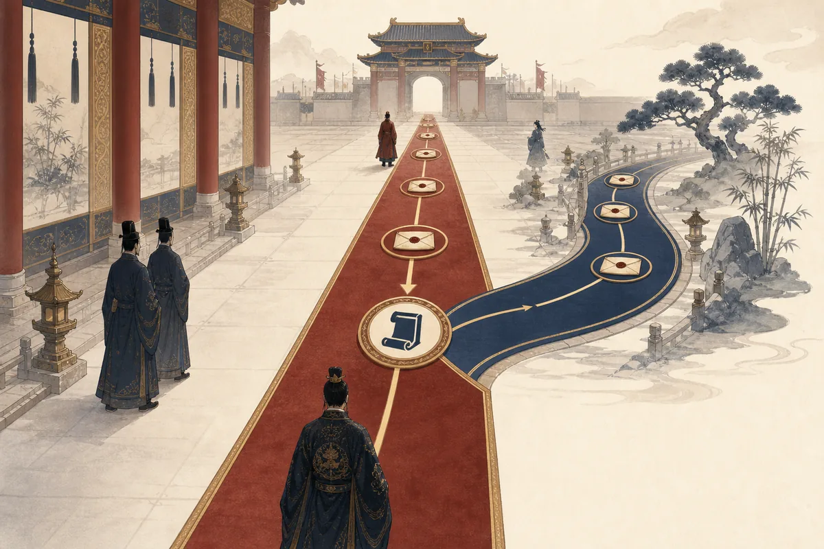 Editorial illustration of a palace route branching from a main story path into a side story