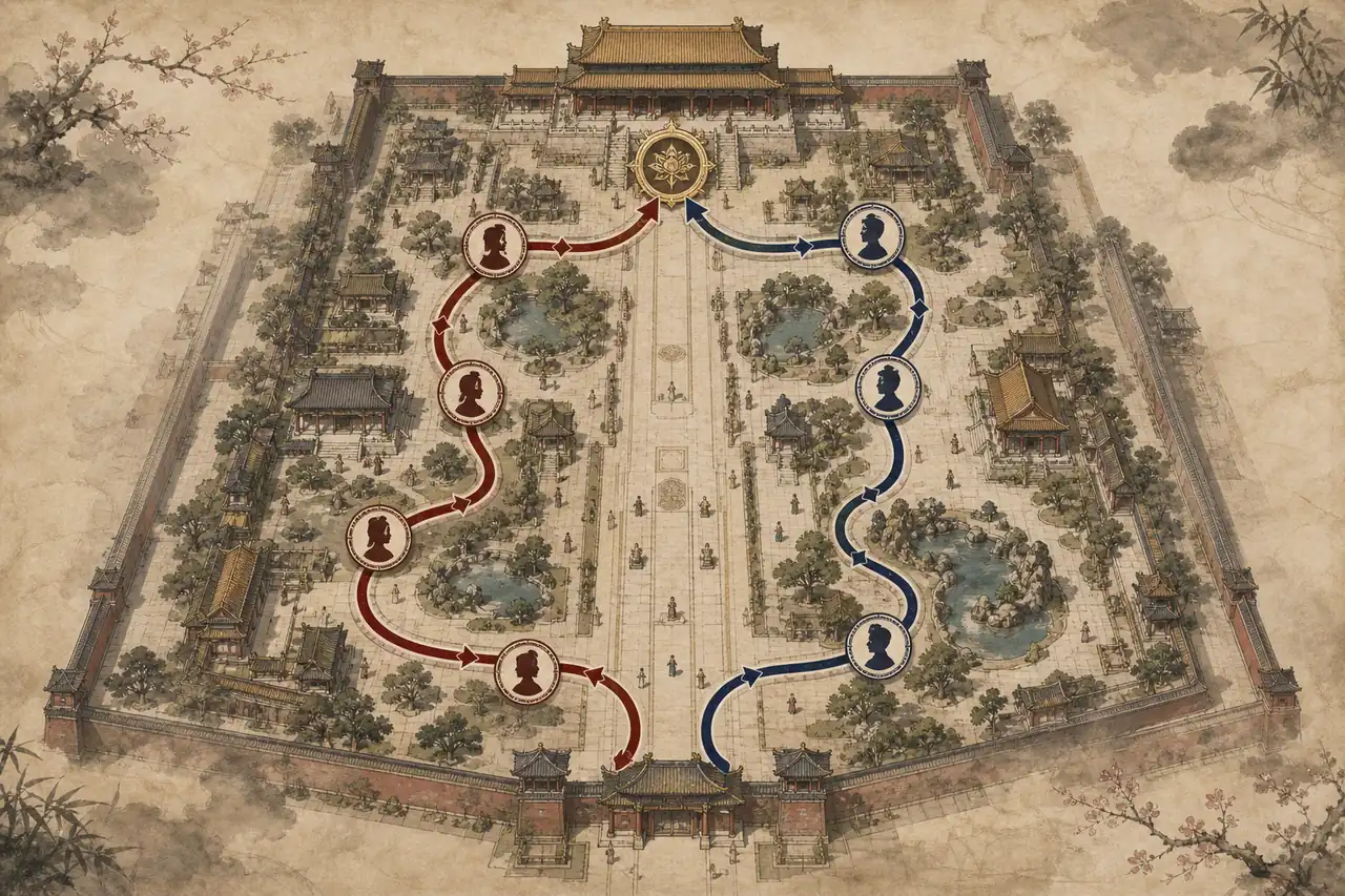 Illustrazione editoriale di due percorsi del palazzo che arrivano allo stesso punto